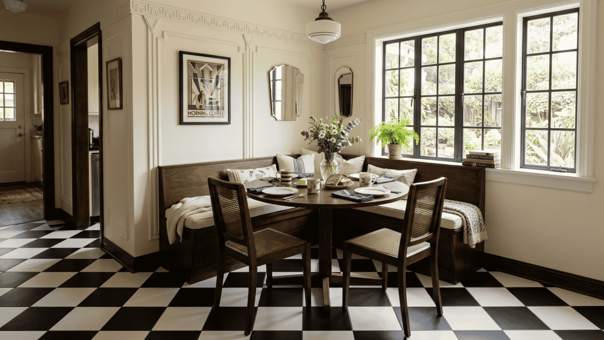 black and white checkered floor in breakfast nook with simple setup in art deco interior design space