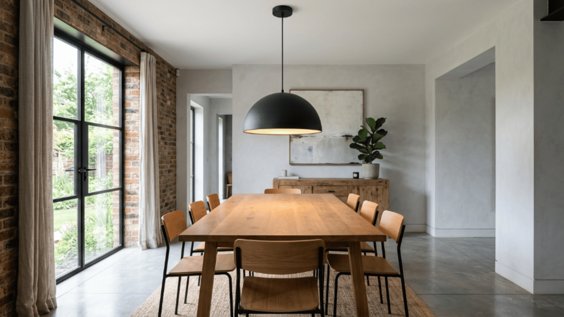 black dome pendant light above wooden dining table with focused downward lighting (1)
