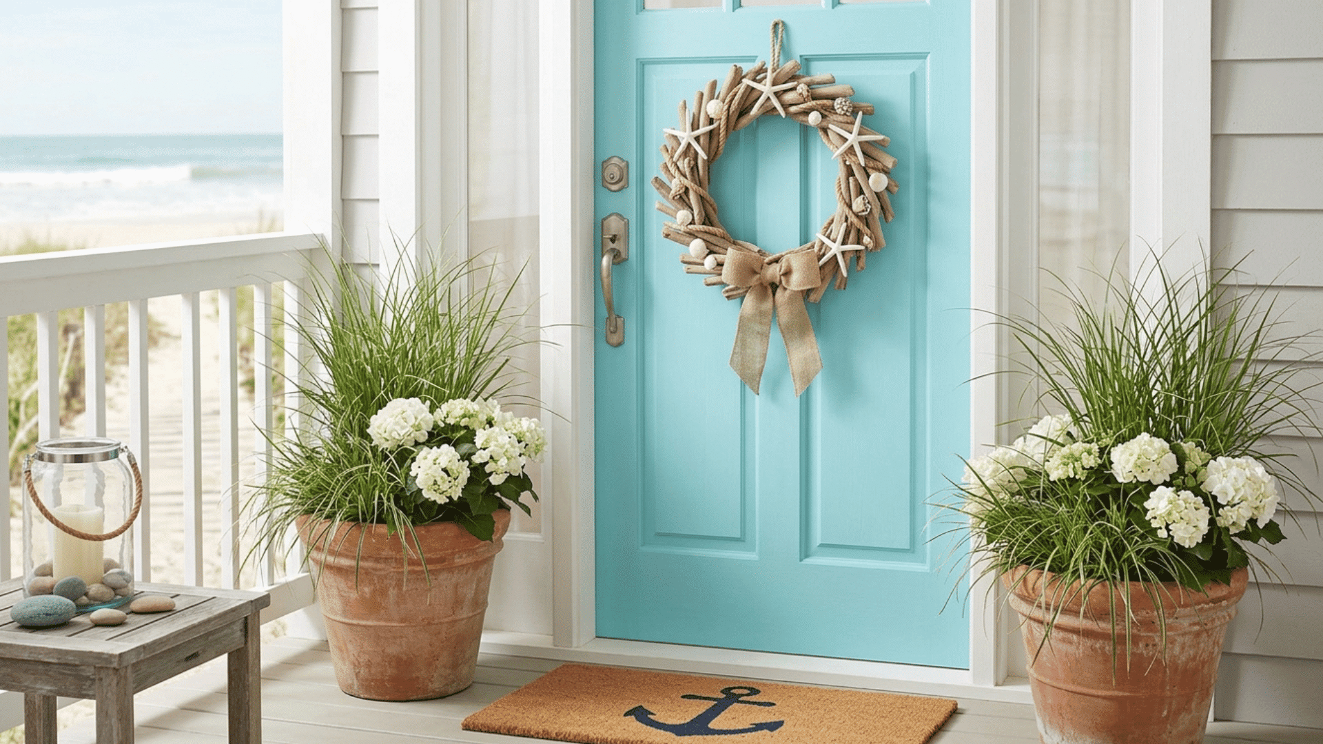 black front door with modern planters, bench, and welcome mat decor.