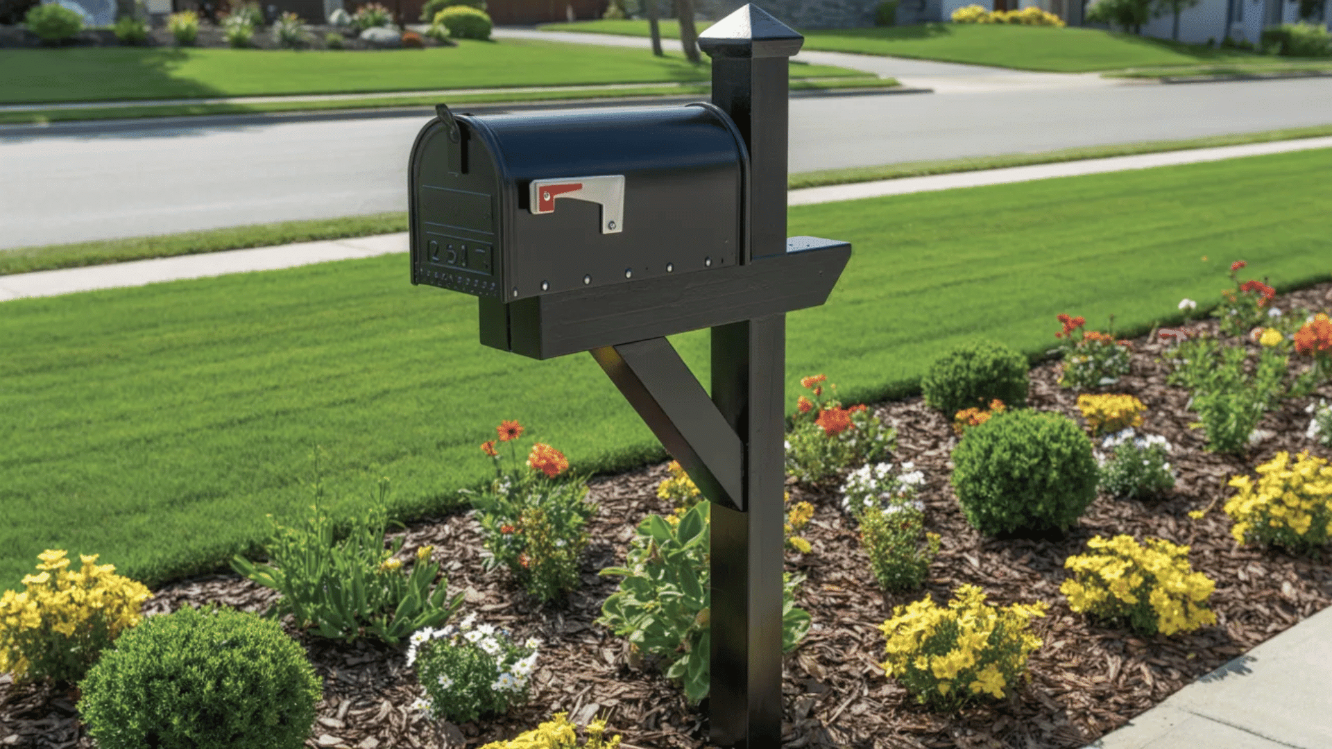 black mailbox on a wooden post surrounded by fresh mulch flowers and neatly trimmed grass along a suburban street
