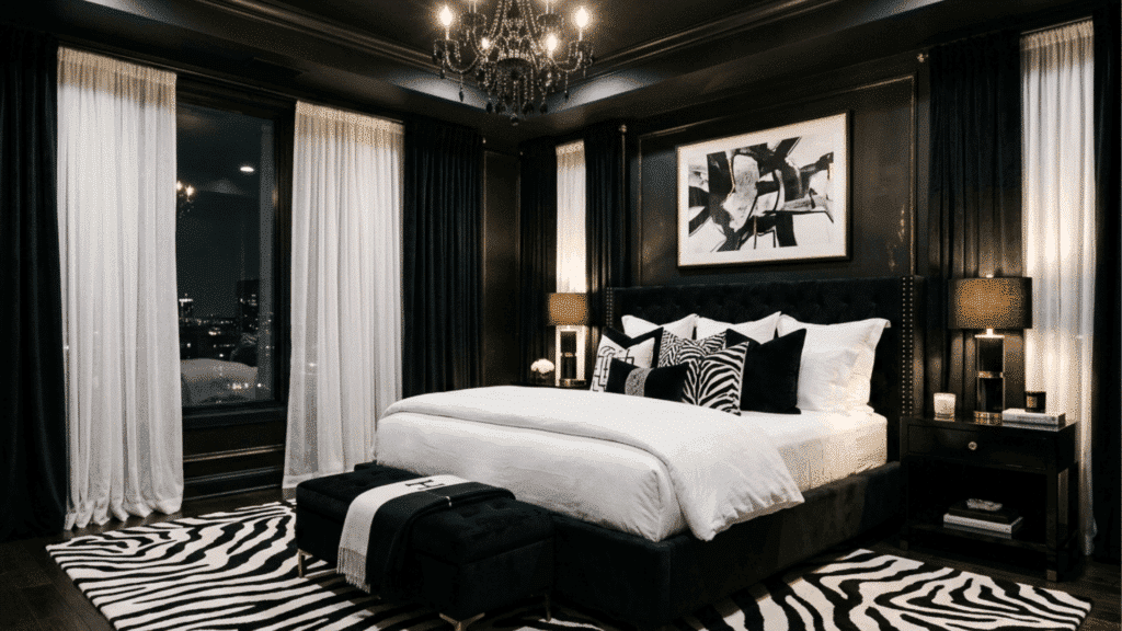 black monochromatic bedroom with white bedding, zebra rug, black walls, chandelier lighting, modern nightstands, with curtains