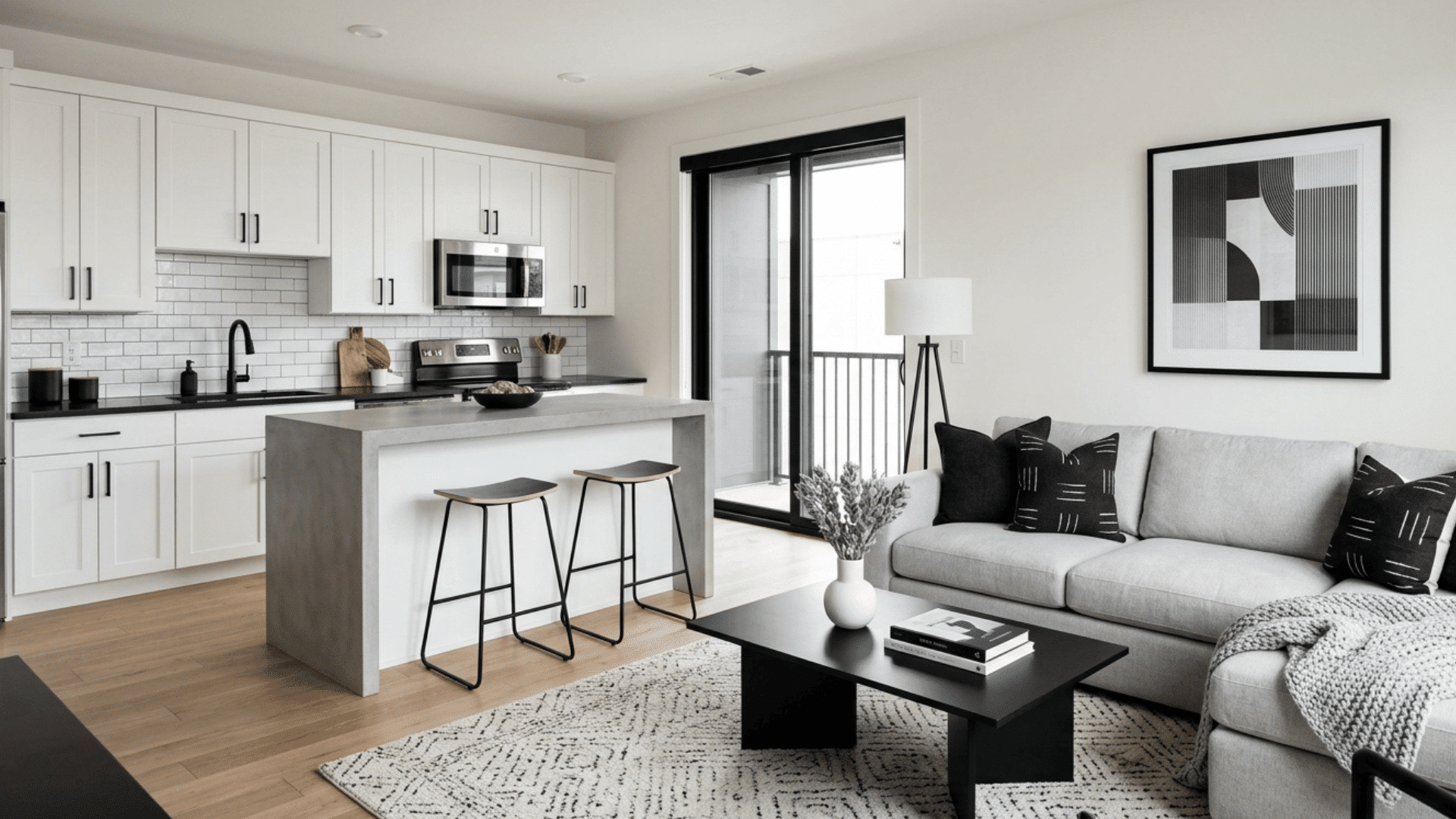 black, white, and gray kitchen living space with clean modern design.
