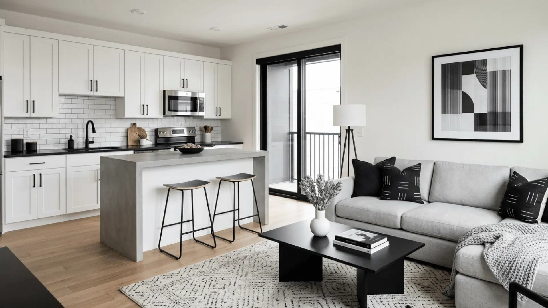 black, white, and gray kitchen living space with clean modern design.