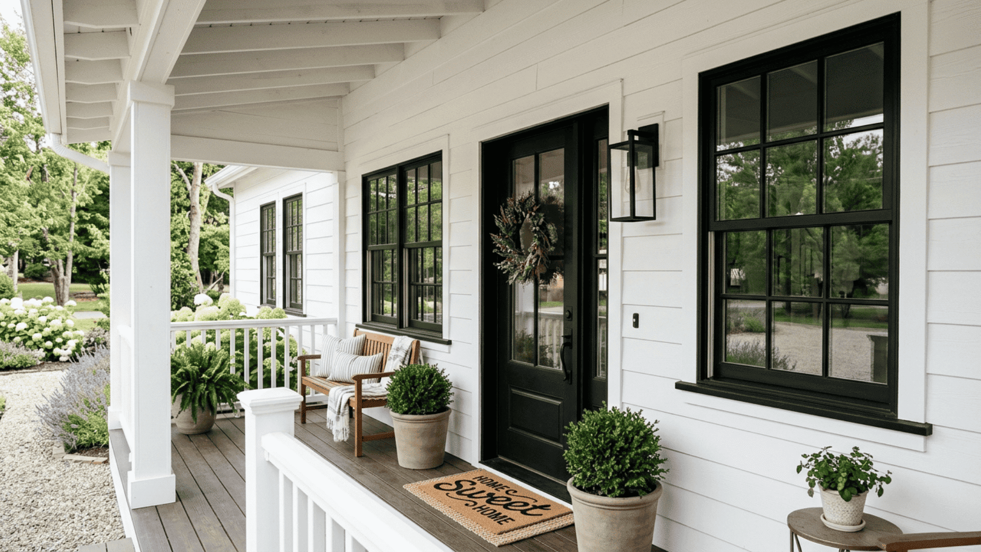 black window frames against white farmhouse exterior siding creating sharp contrast with matching black hardware