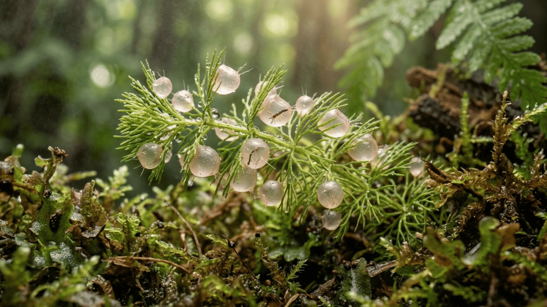 bladderwort plant with tiny bladder traps in wet habitat.