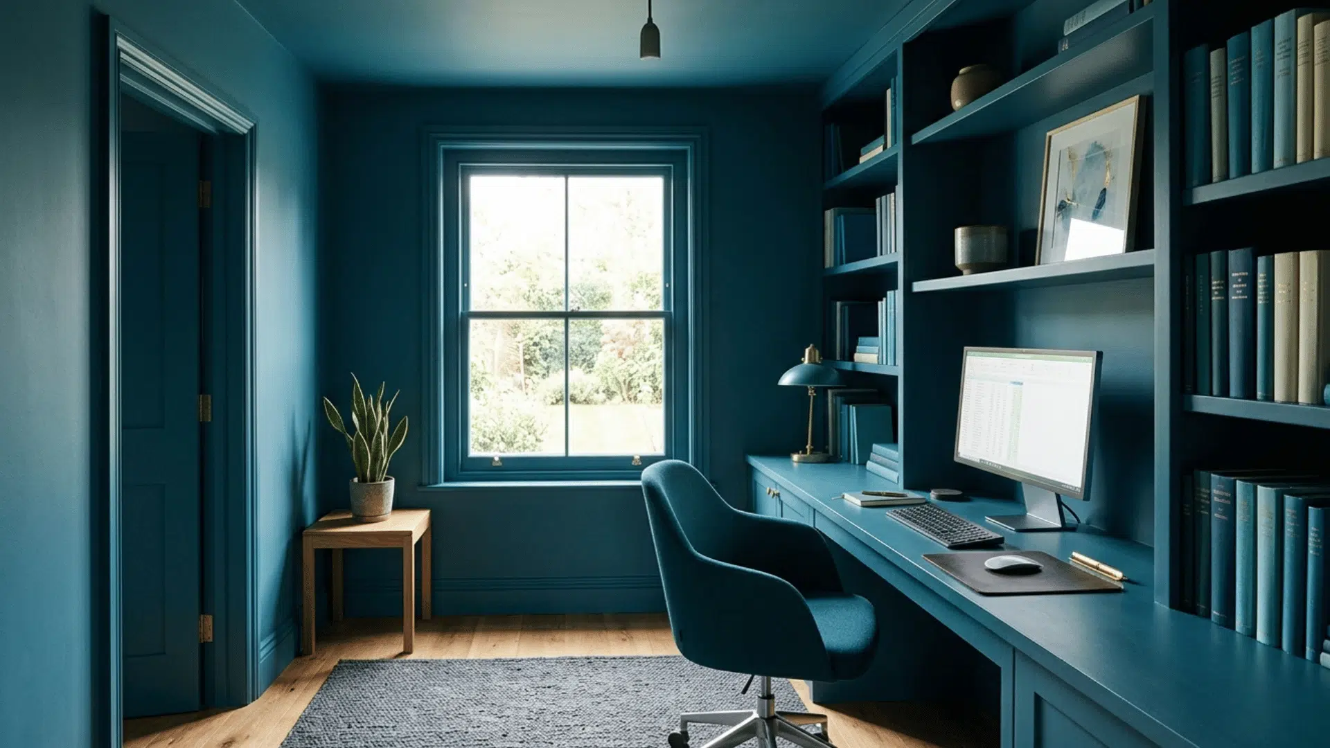 blue color drenched home office with matching walls, shelves, desk, and chair.