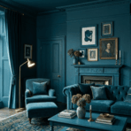 blue color drenched living room with matching walls, ceiling, sofa, and decor.