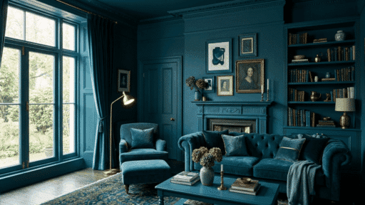 blue color drenched living room with matching walls, ceiling, sofa, and decor.