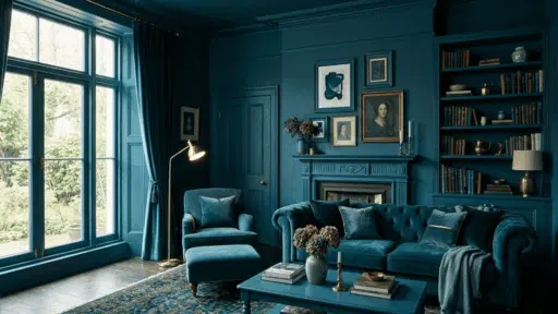 blue color drenched living room with matching walls, ceiling, sofa, and decor.