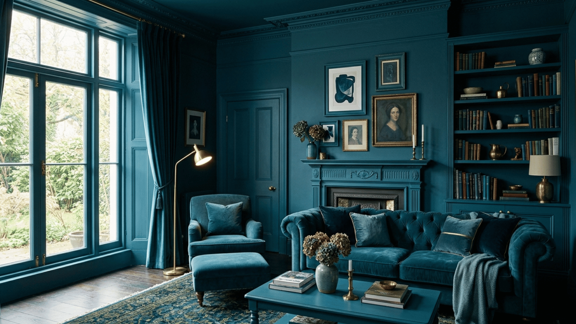 blue color drenched living room with matching walls, ceiling, sofa, and decor.