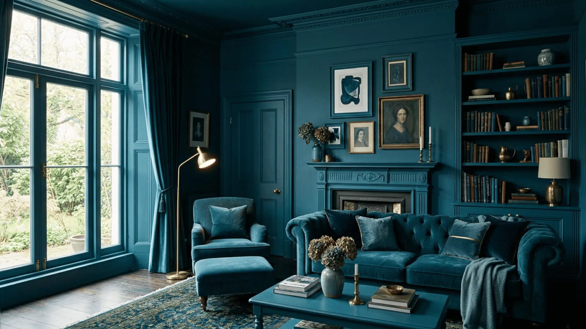 blue color drenched living room with matching walls, ceiling, sofa, and decor.