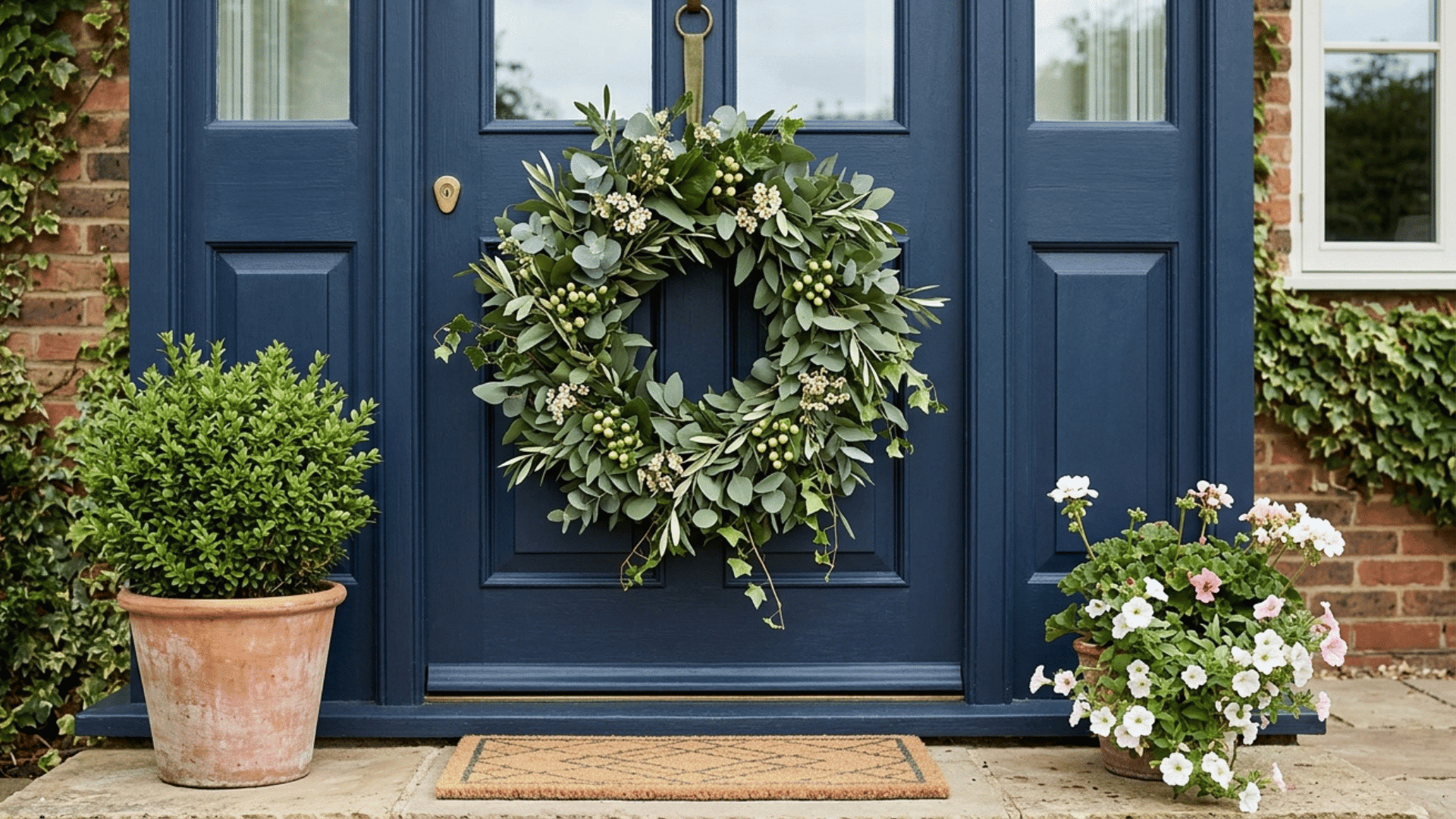 blue front door with greenery wreath and potted plants on both sides.