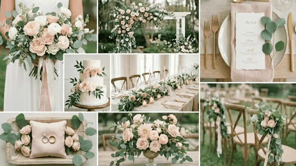 blush and eucalyptus wedding color scheme collage with greenery soft florals and decor