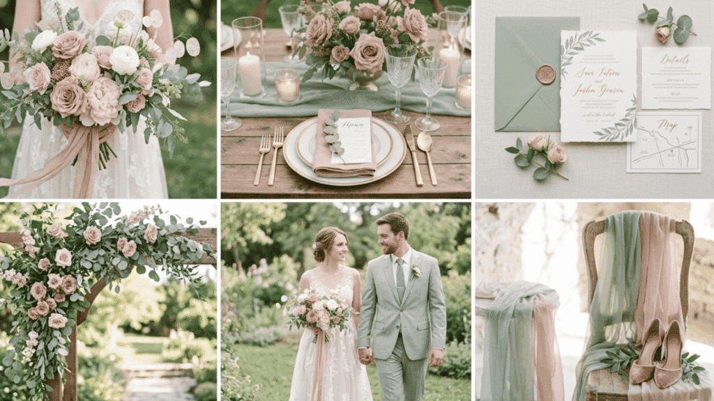 blush pink and champagne wedding color scheme collage with flowers table setup and elegant decor