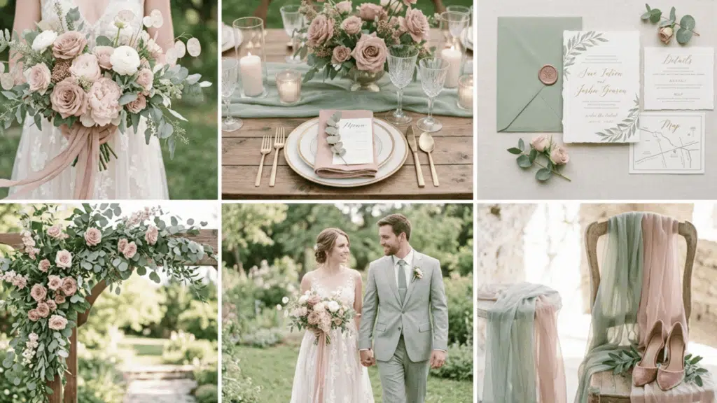 blush pink and champagne wedding color scheme collage with flowers table setup and elegant decor