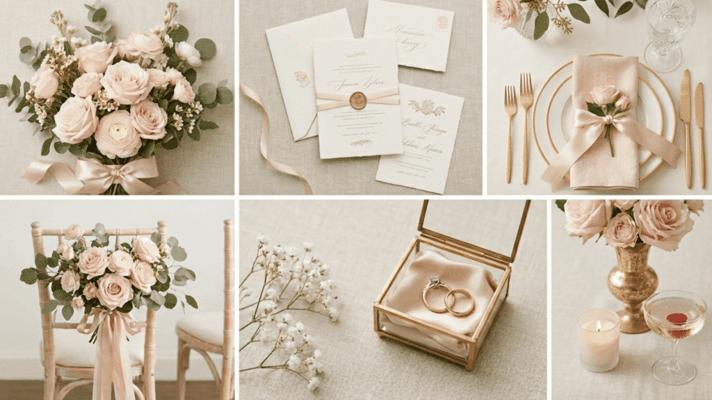 blush pink and champagne wedding color scheme collage with flowers table setup and elegant decor