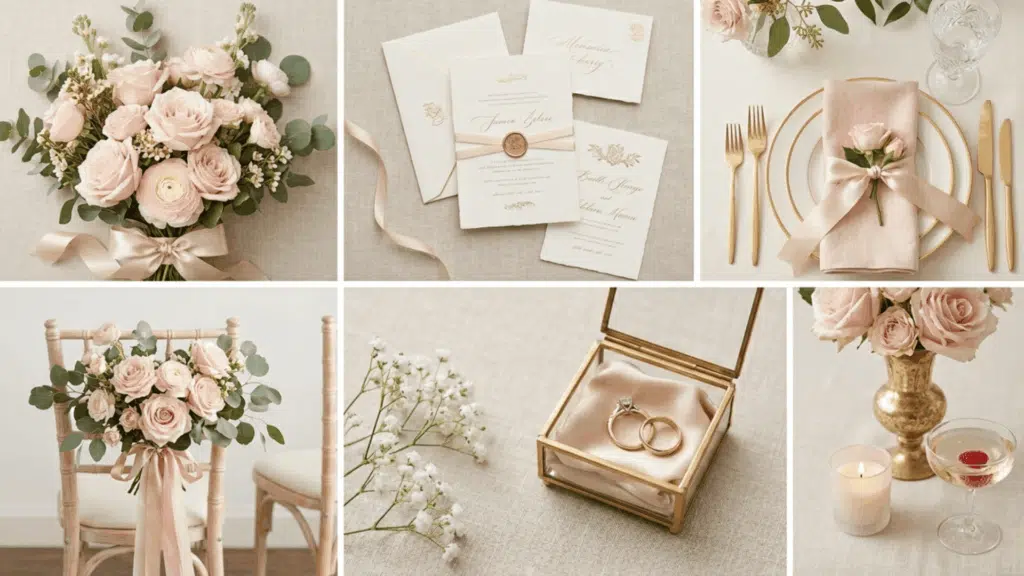 blush pink and champagne wedding color scheme collage with flowers table setup and elegant decor