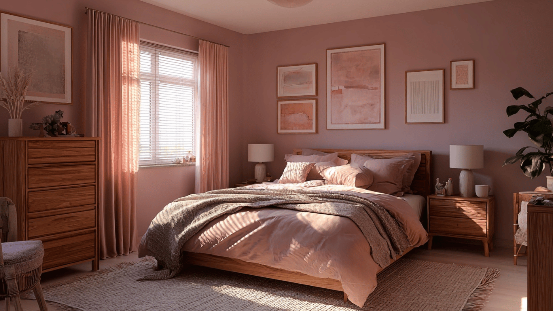 blush pink bedroom with soft tones mauve accents and warm wood furniture