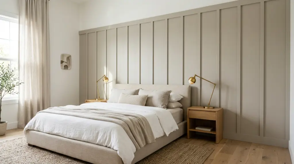 Beige bed with layered pillows and blankets in a minimalist bedroom with panel wall and gold lamps