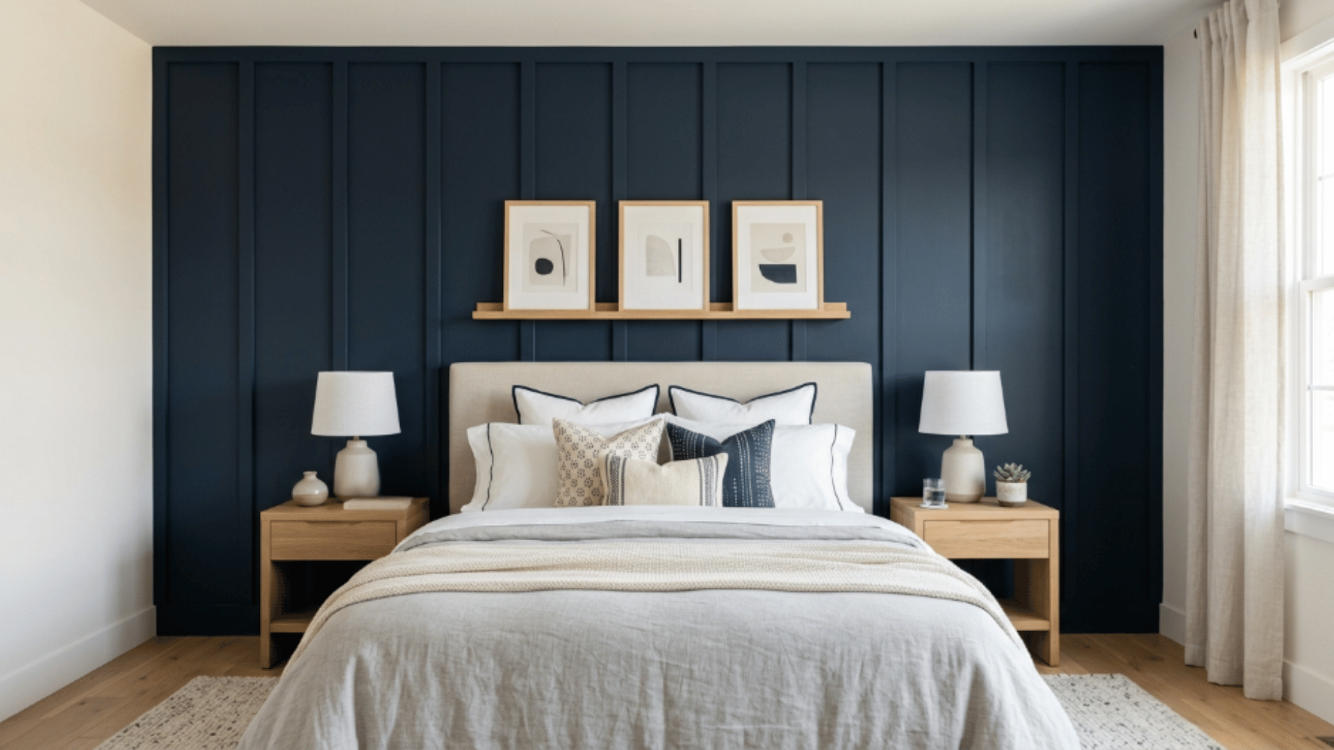 board and batten wall with raised lines adding depth and structure behind the bed