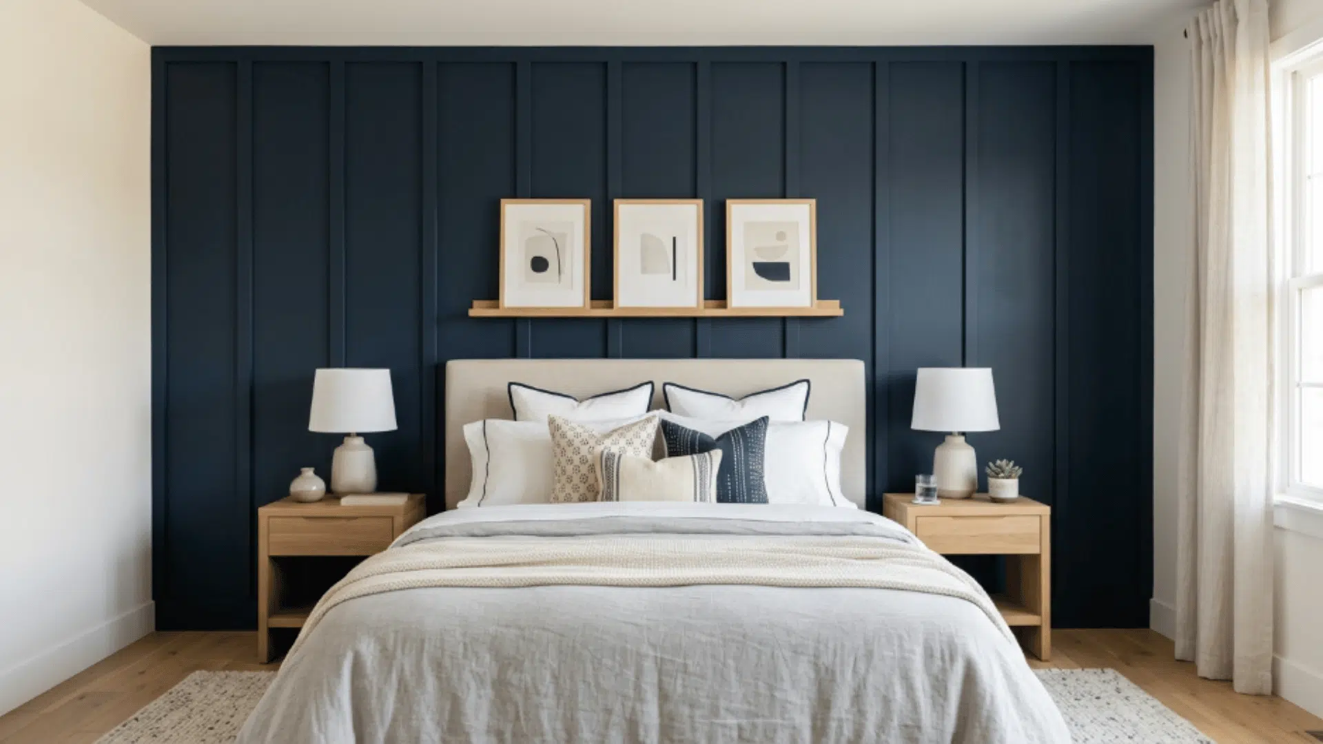 board and batten wall with raised lines adding depth and structure behind the bed
