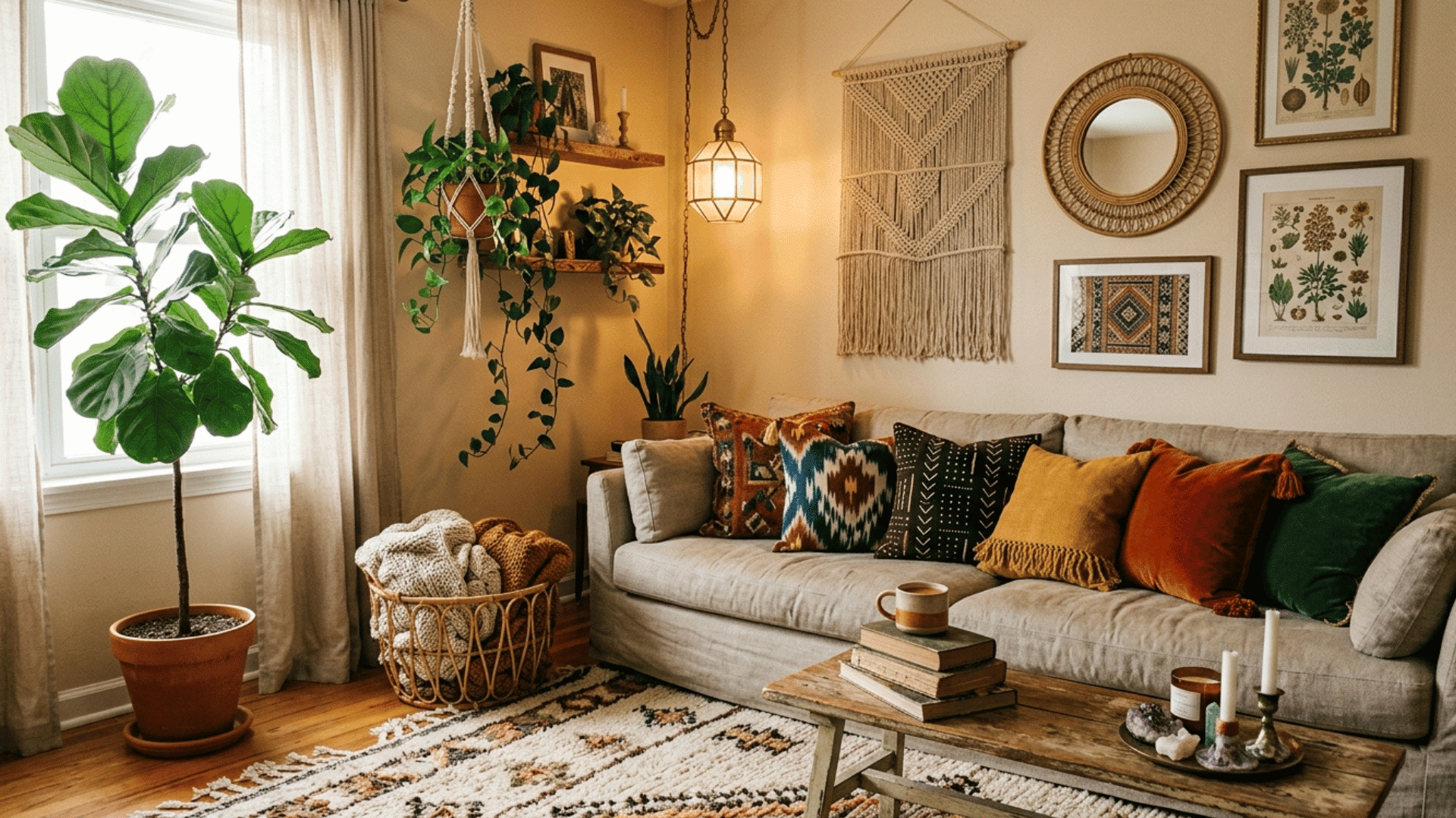 boho living room with layered textiles, plants, warm colors, and patterned cushions.