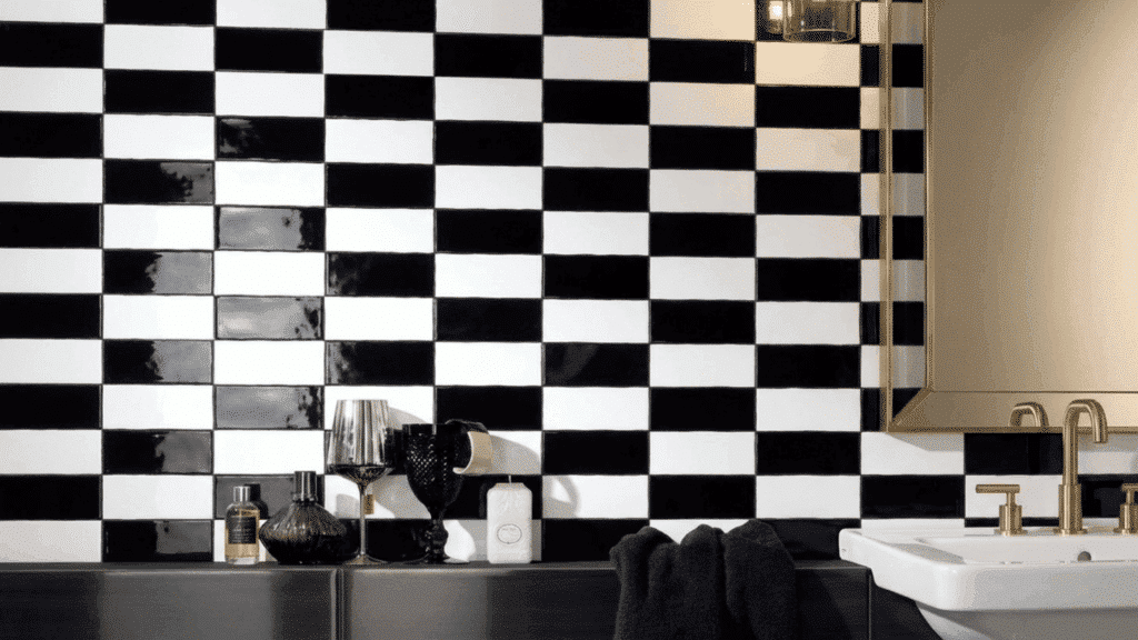 bold black and white checkerboard pattern in horizontal stacked tiles for contrast.