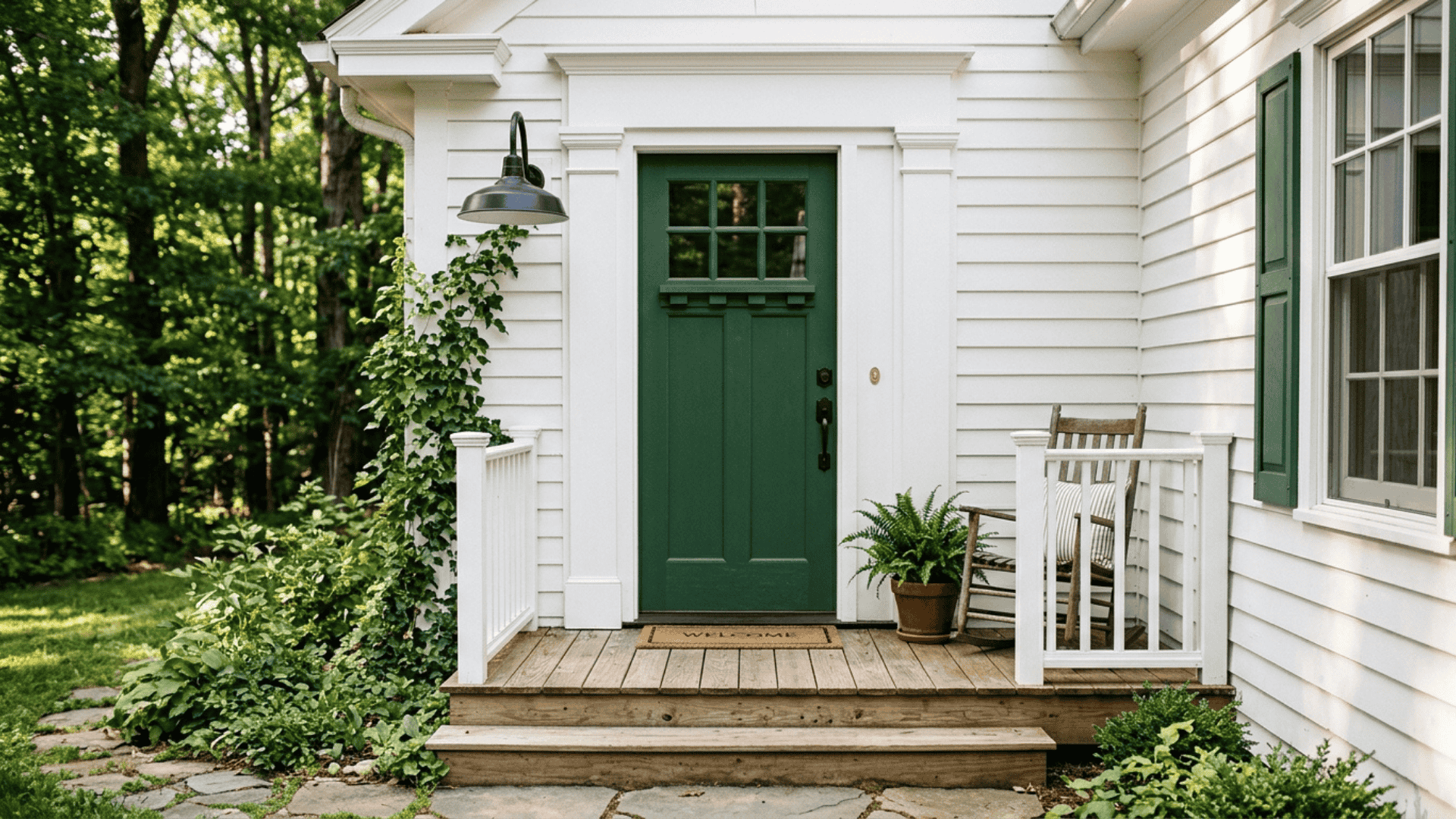 bold forest green painted farmhouse front door with black hardware on white exterior siding