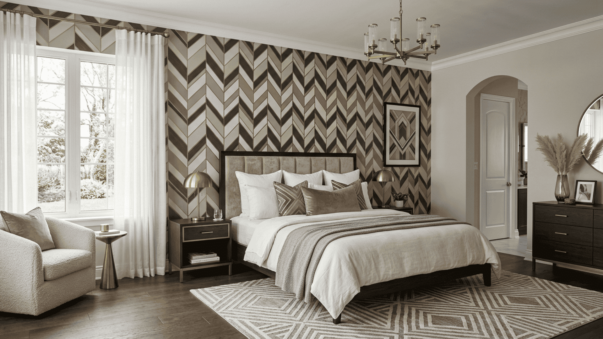 bold geometric wall pattern behind bed in art deco master bedroom with neutral decor and balanced lighting setup