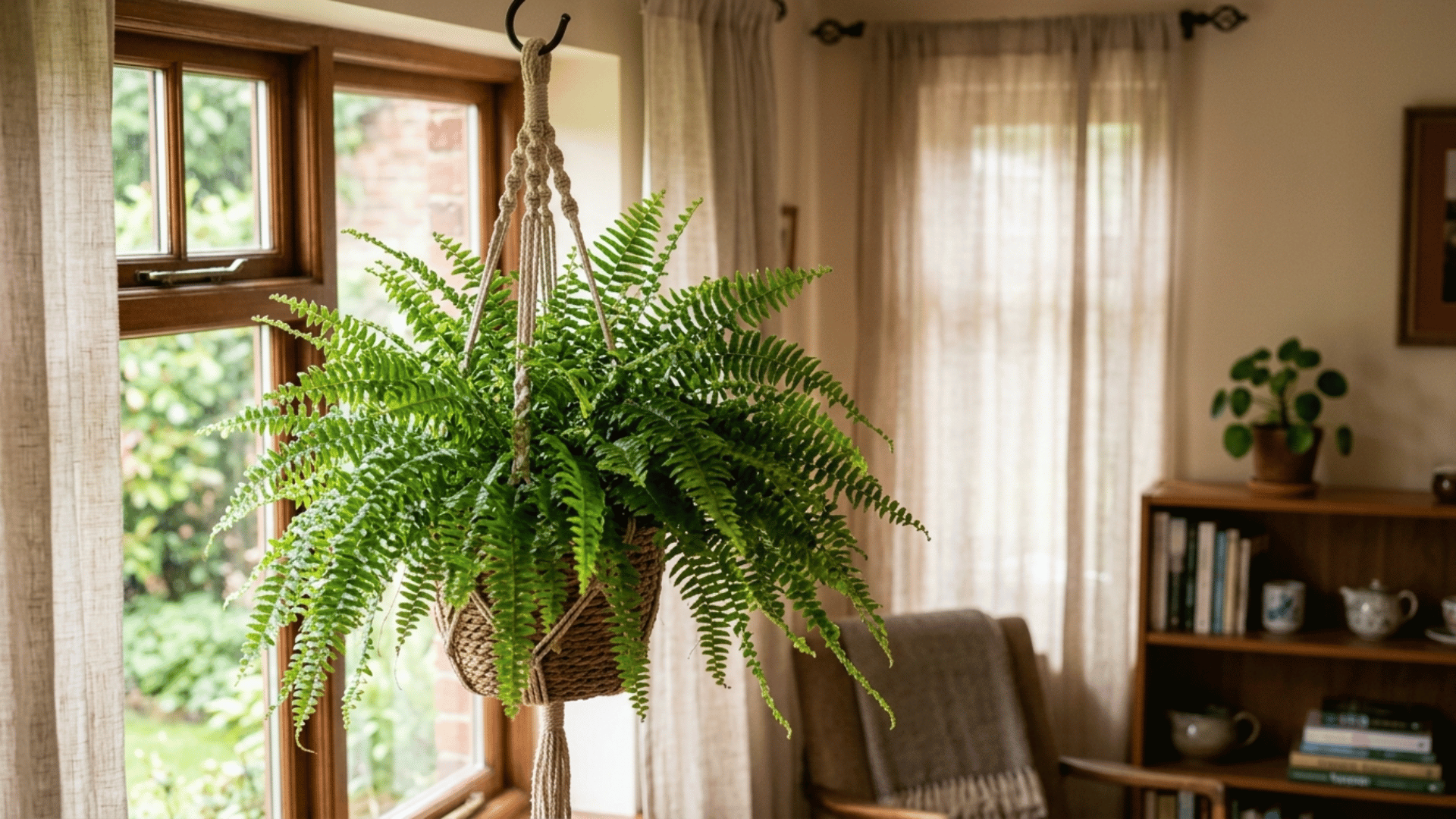 boston fern hanging in a woven basket near a window with lush green foliage in a bright and cozy indoor environment