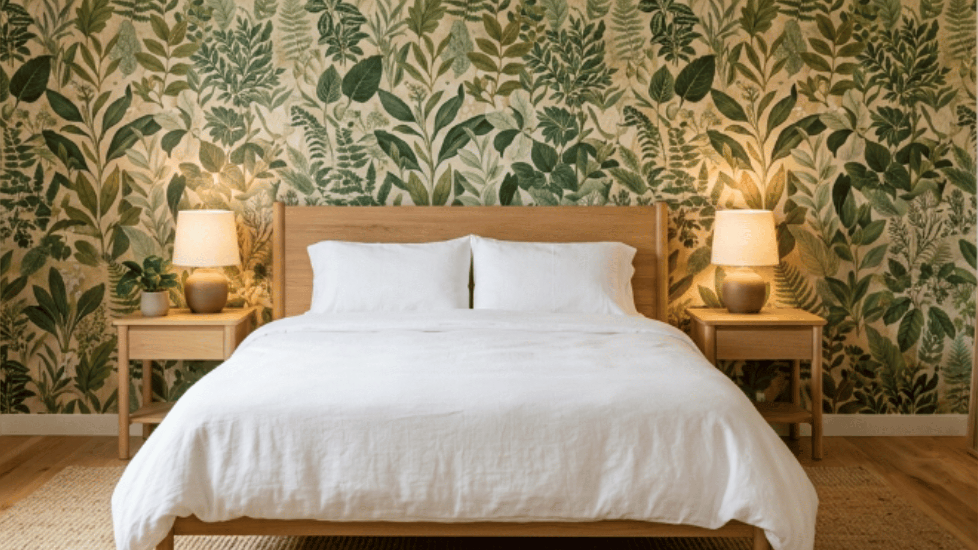 botanical leaf print wallpaper bringing natural tones and a calm feel to the bedroom wall (1)