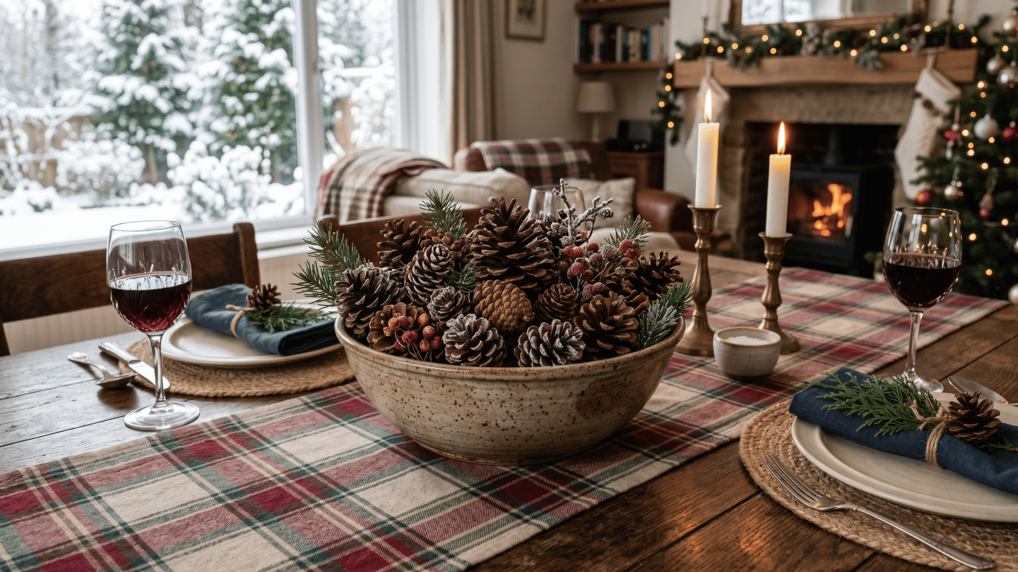 bowl filled with pinecones on dining table, winter themed decor
