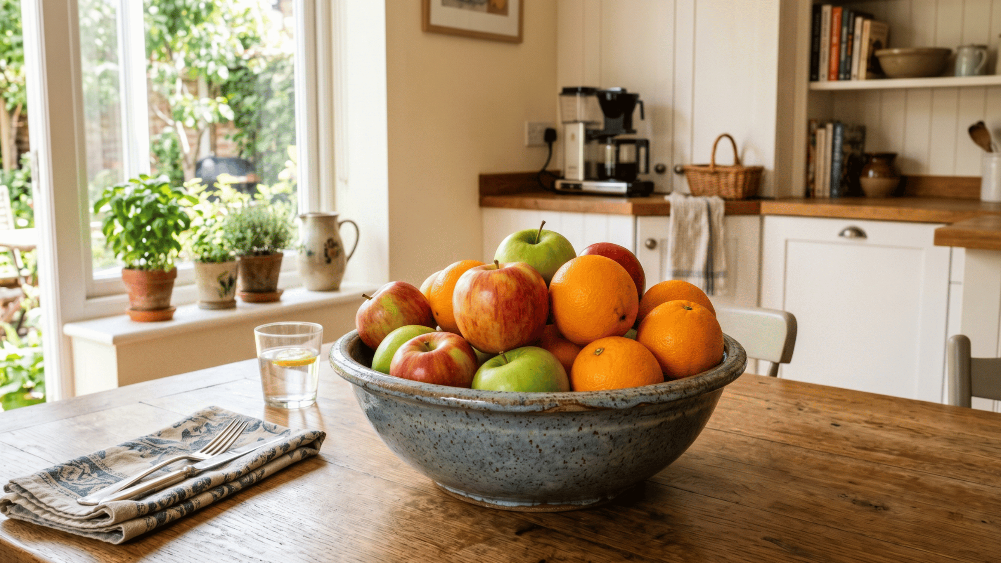 bowl of fresh fruits used as a natural and functional dining table centerpiece