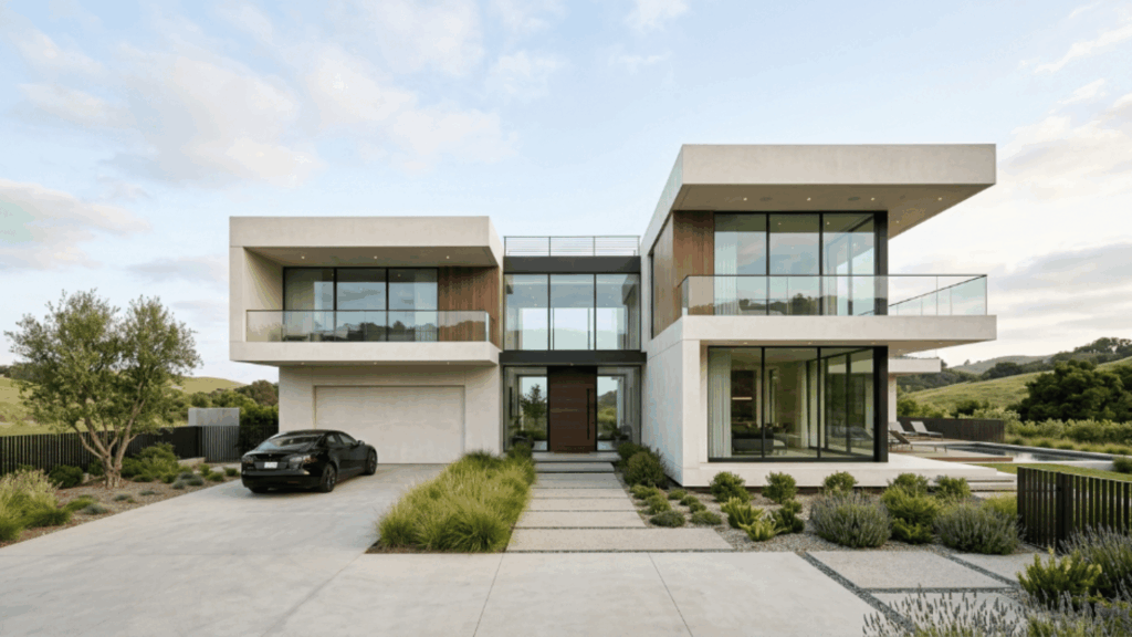 box shaped contemporary home with clean geometric lines, large windows, and simple materials creating a bold modern facade
