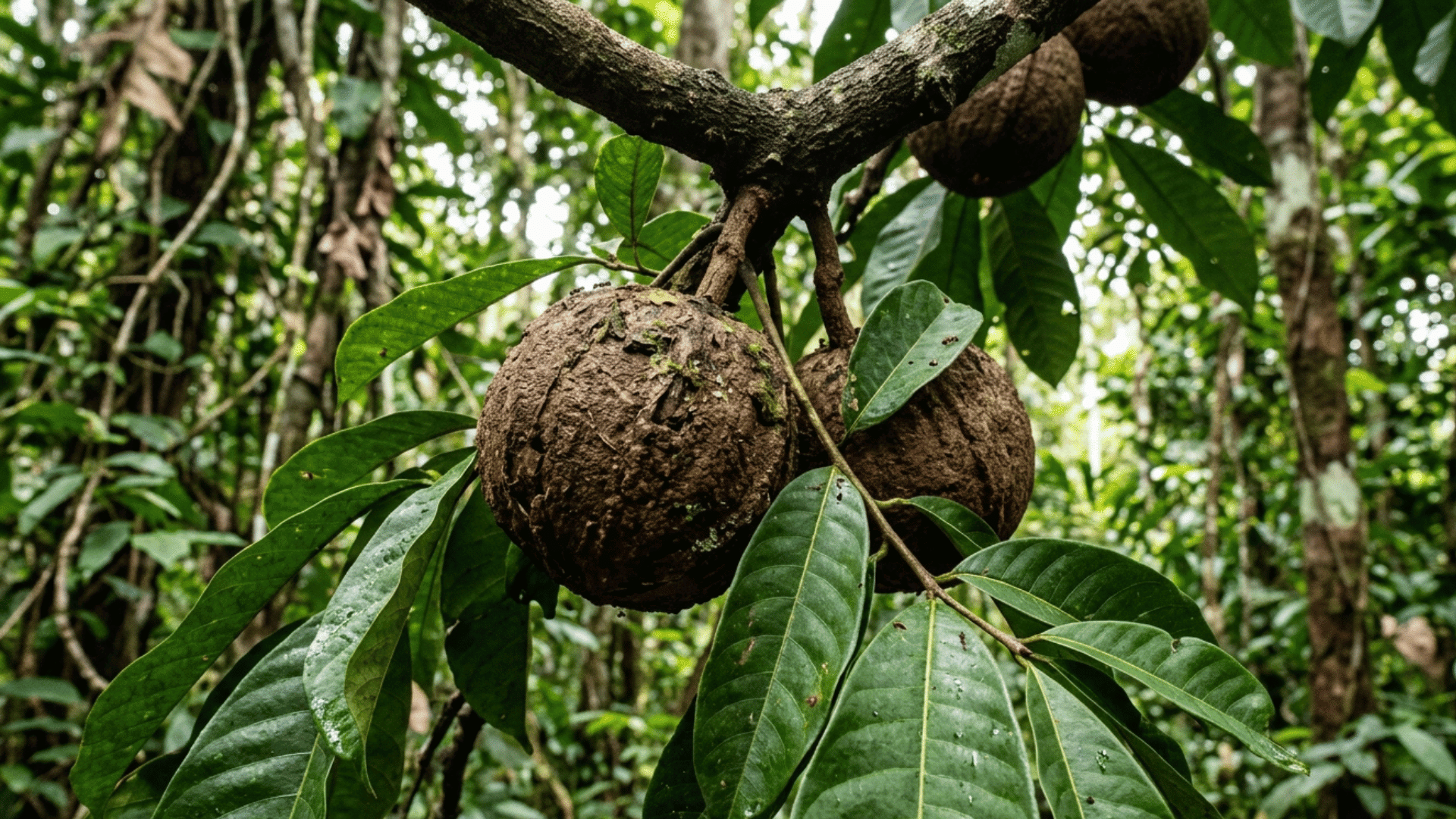 brazil nut tree branch with large round fruits in rainforest.