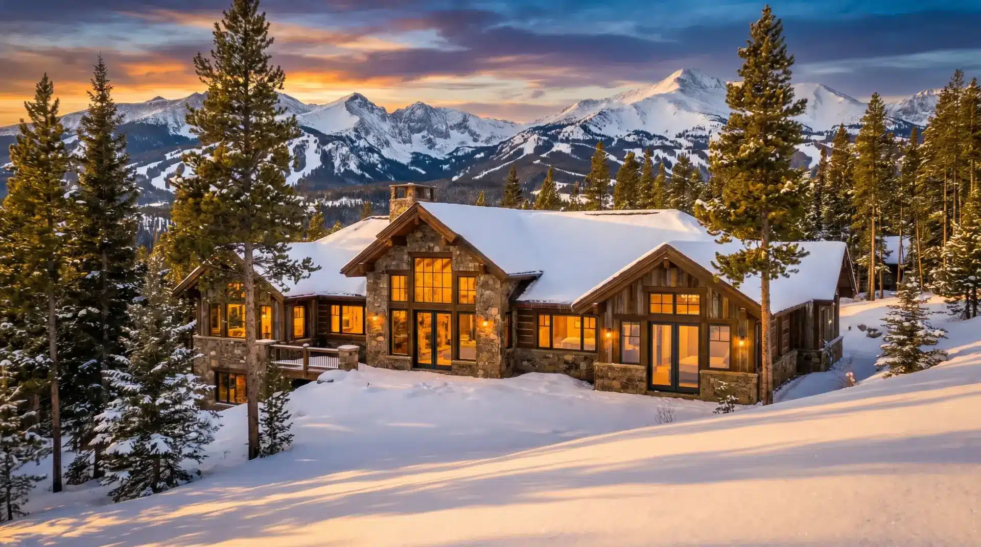 Mountain cabin with warm lights at sunset surrounded by snow-covered forest and mountains