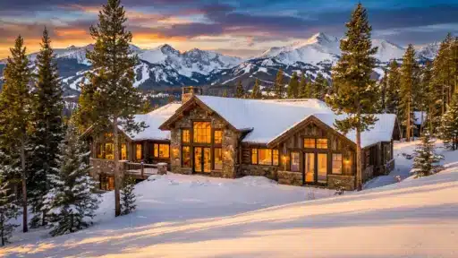 Mountain cabin with warm lights at sunset surrounded by snow-covered forest and mountains