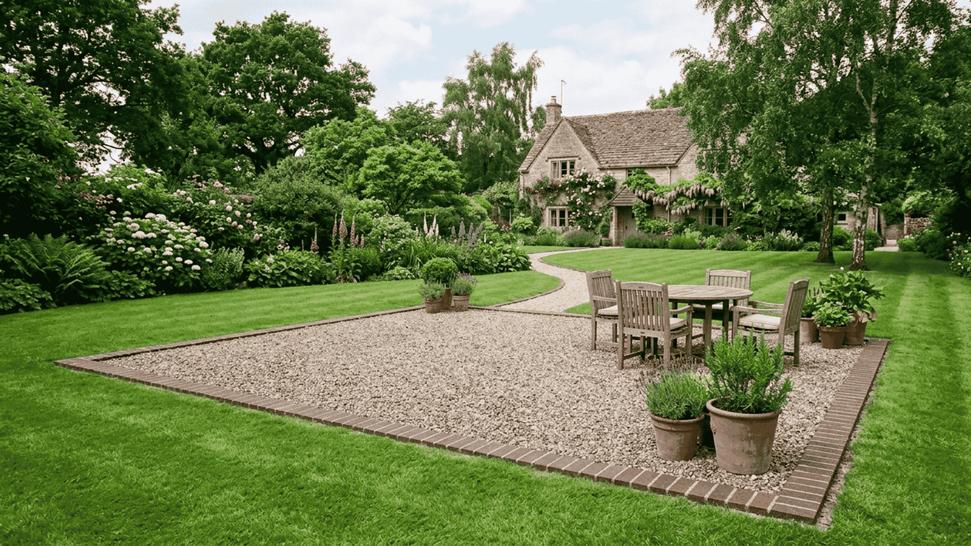 brick framed gravel patio with neat brick border along perimeter and crushed gravel filling the interior space