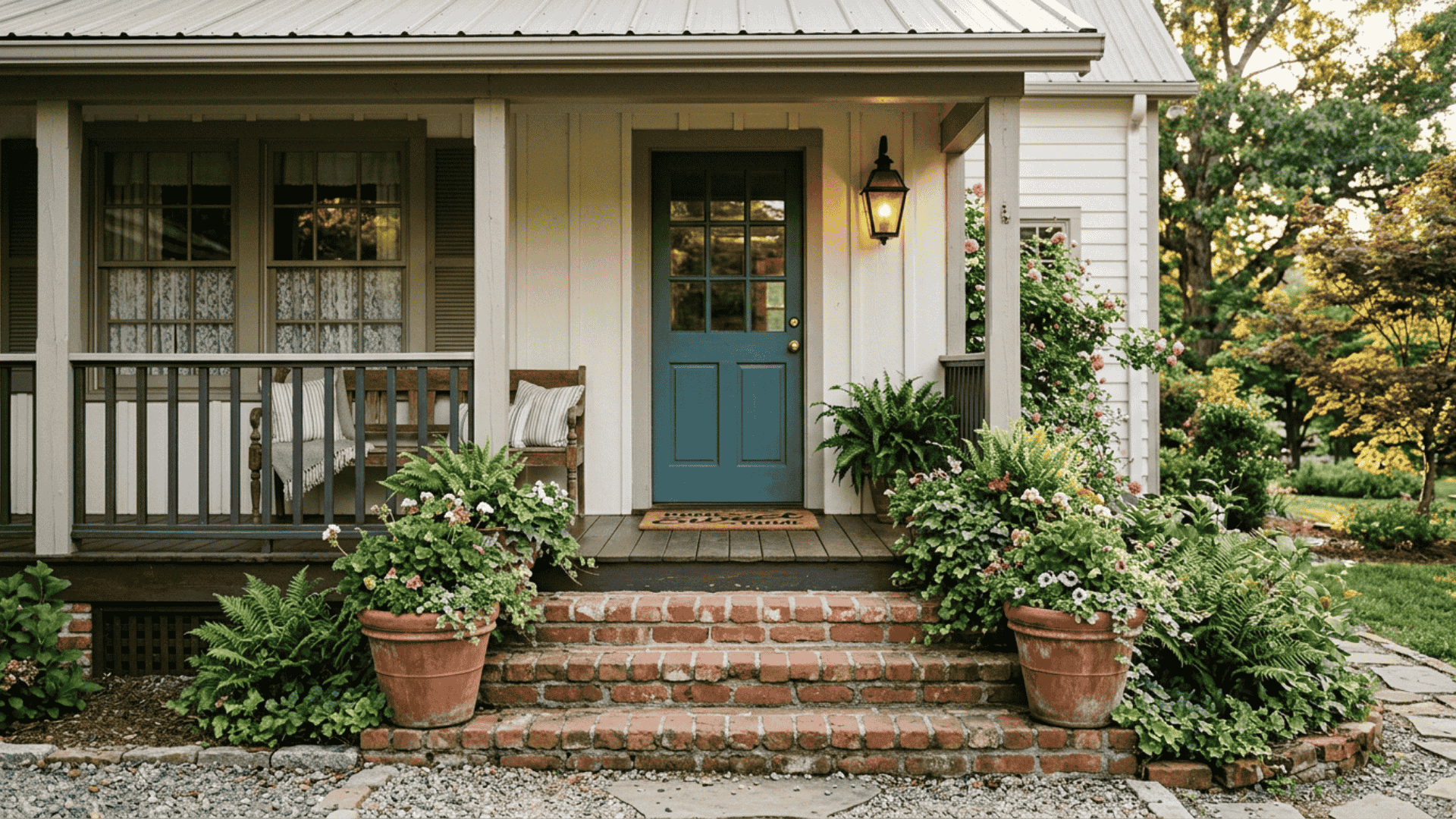 brick front steps leading to farmhouse porch entry with terracotta planters and small black lantern nearby
