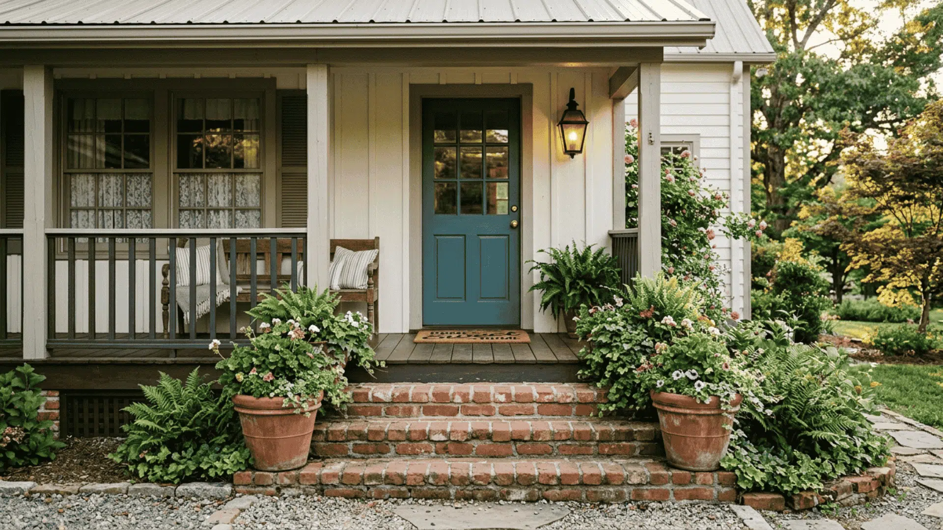 brick front steps leading to farmhouse porch entry with terracotta planters and small black lantern nearby