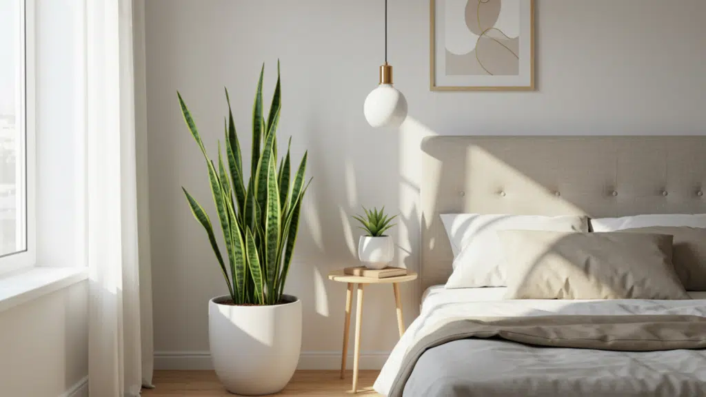 bright bedroom corner with snake plant in white pot, small side table, soft bedding, pendant light, and natural sunlight through window