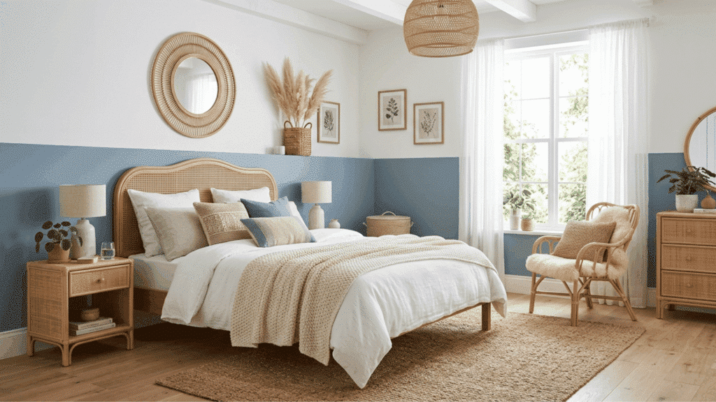 bright bedroom with dusty blue lower wall and crisp white upper wall styled with rattan furniture and woven textures