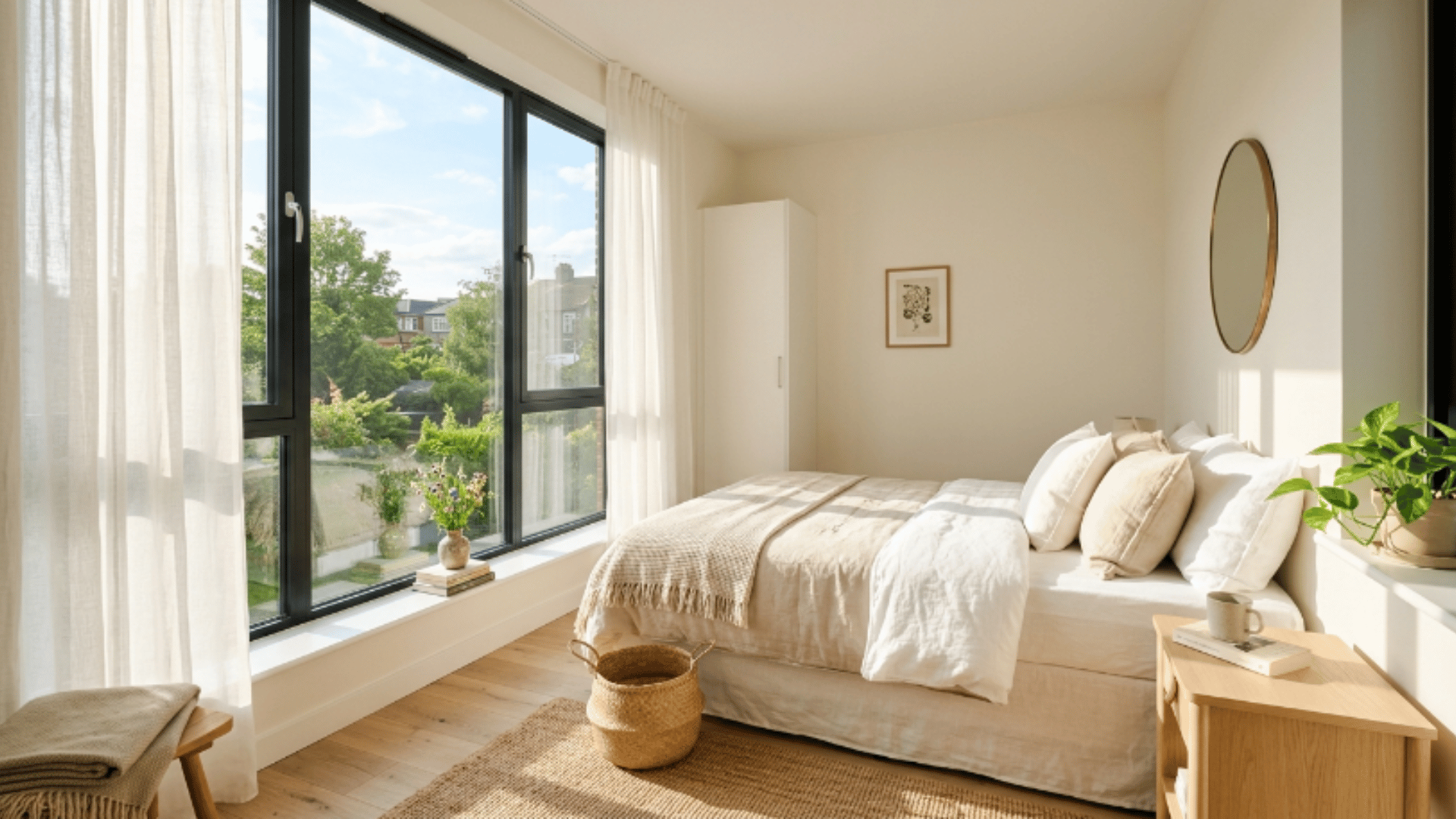 bright bedroom with large window, sheer curtains, natural daylight and open airy feel