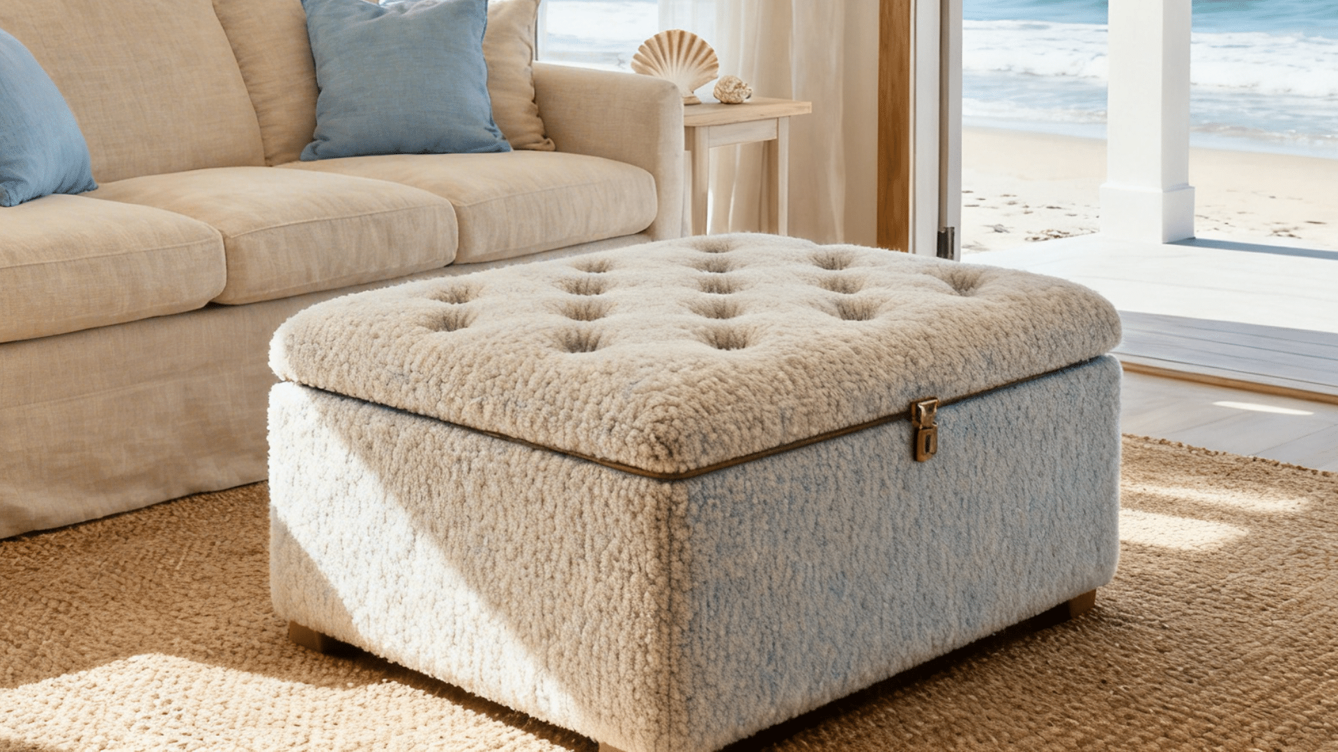 bright coastal living room with beige sofa blue cushions and ottoman near open door showing beach view and sunlight streaming in