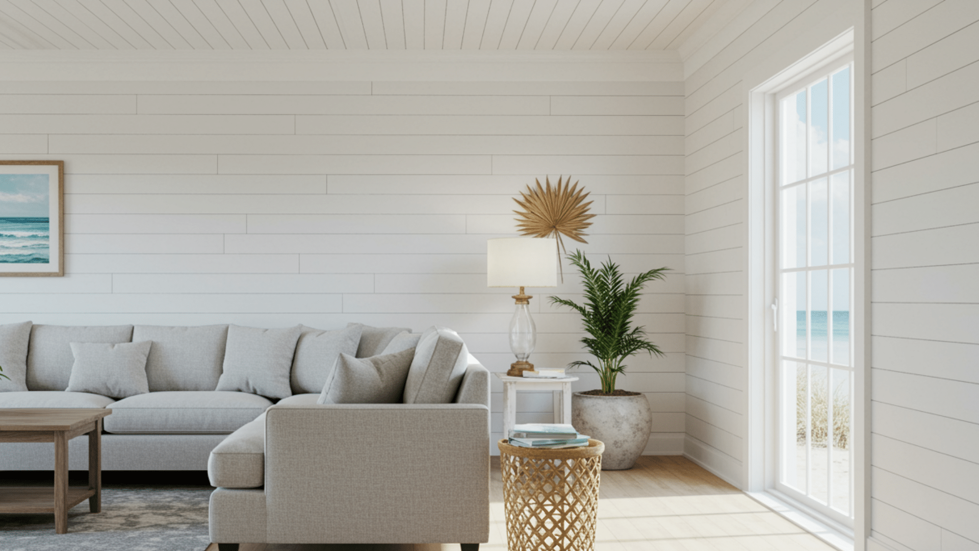 bright coastal living room with light gray sectional sofa wooden coffee table and decor near large window overlooking beach and ocean view