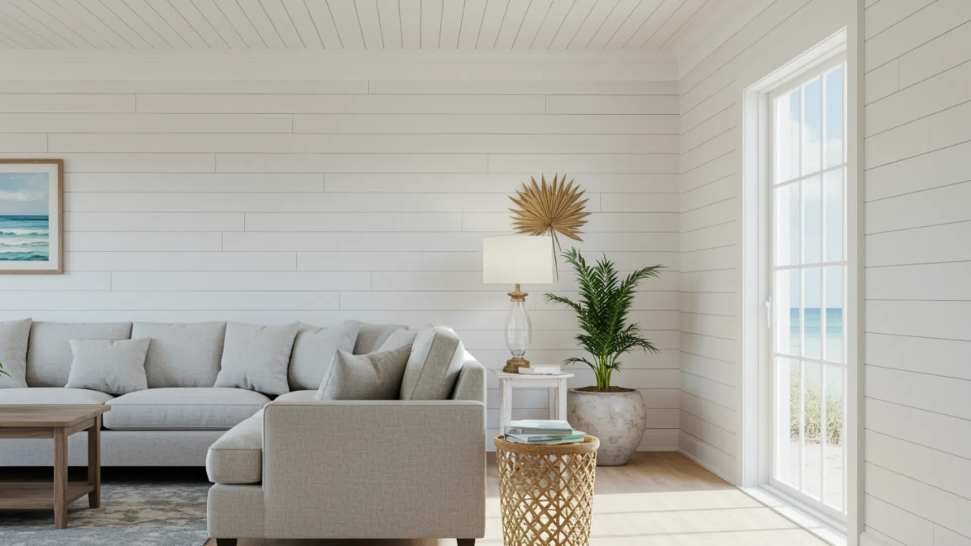 bright coastal living room with light gray sectional sofa wooden coffee table and decor near large window overlooking beach and ocean view