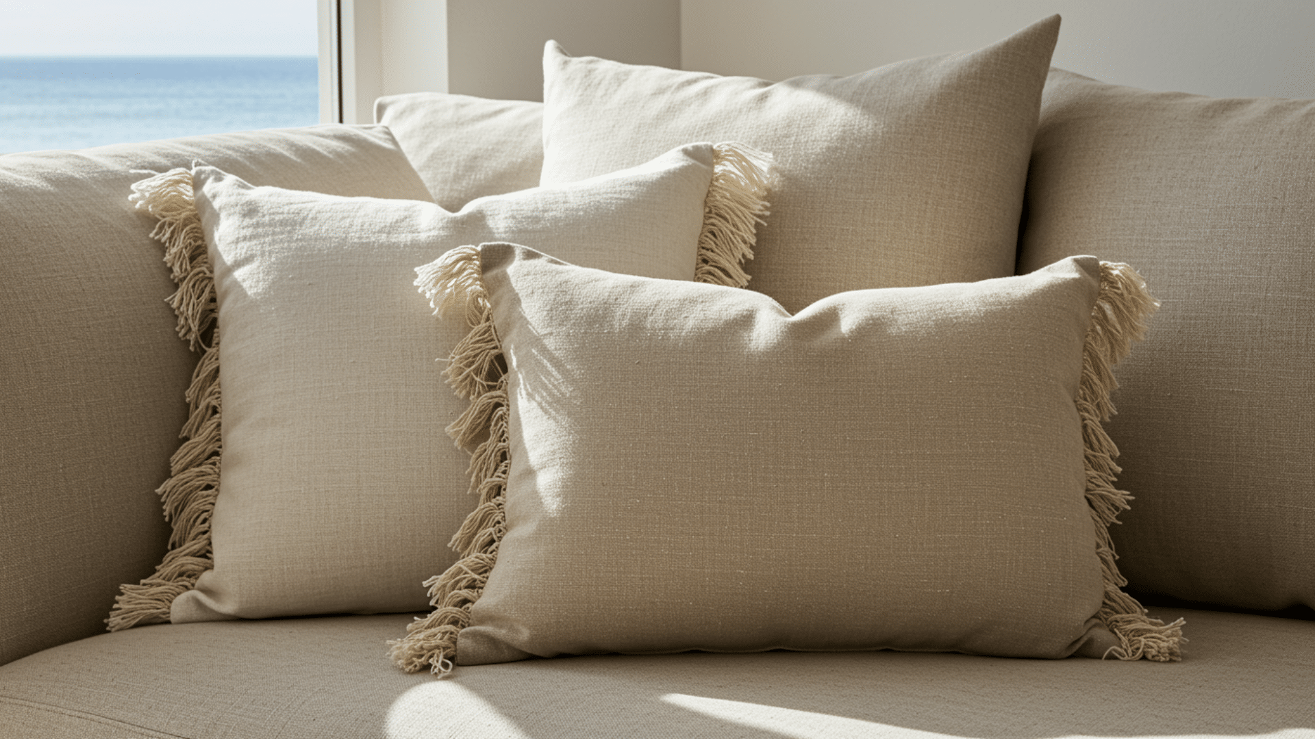bright coastal living room with light gray sectional sofa wooden coffee table and decor near large window overlooking beach and ocean view (1)