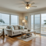 bright coastal living room with sofa, coffee table, indoor plants, and ocean view through large windows and sliding doors (1)