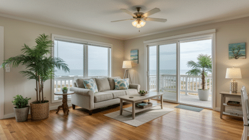 bright coastal living room with sofa, coffee table, indoor plants, and ocean view through large windows and sliding doors (1)