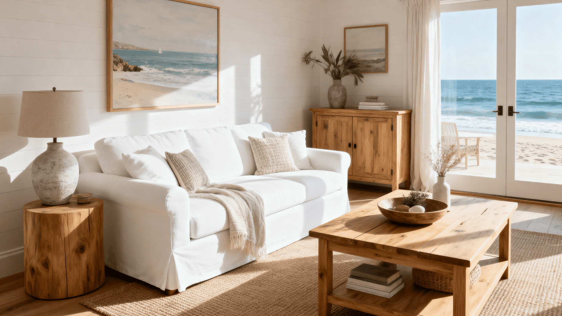bright coastal living room with white sofa, light wood furniture, ocean view, natural textures and soft sunlight ambiance